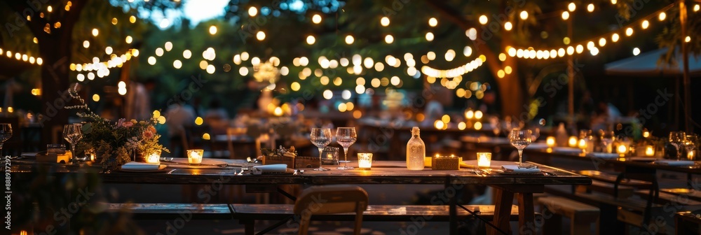 A rustic wedding reception in an outdoor setting with string lights and candles illuminating the tables A rustic wedding reception in an outdoor setting with string lights and candles illuminating the tables