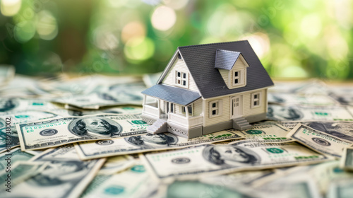 House model on a dollar banknotes Property tax real estate background wallpaper
