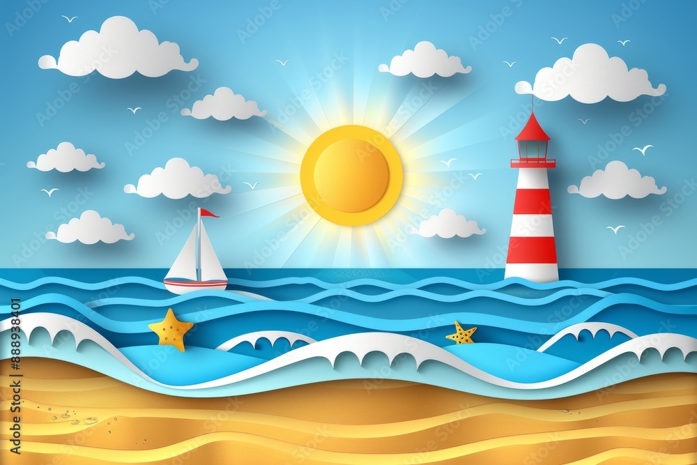 Naklejka premium Bright sunny day with a lighthouse sailboat and beach creating a cheerful and lively seascape