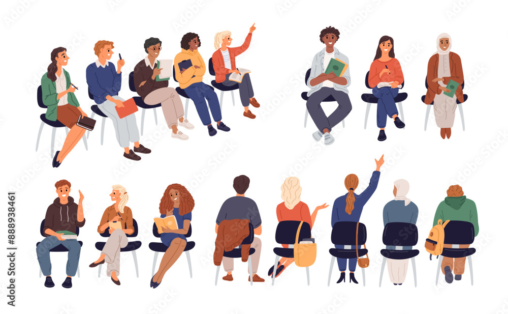 Seated students rows. Young boys and girls at lecture. Side, front and back view. Concert spectators. Men and women sitting on chairs. University and college audience. Garish vector set Seated students rows. Young boys and girls at lecture. Side, front and back view. Concert spectators. Men and women sitting on chairs. University and college audience. Garish vector set