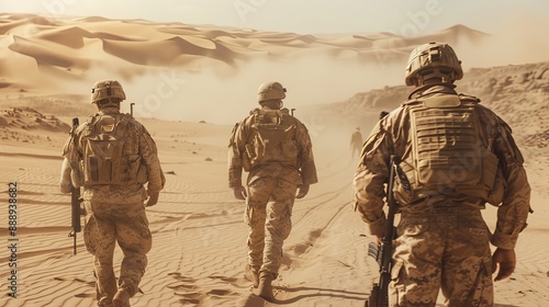 In the Desert Sand, soldiers walk. Military operation. Stock image.
