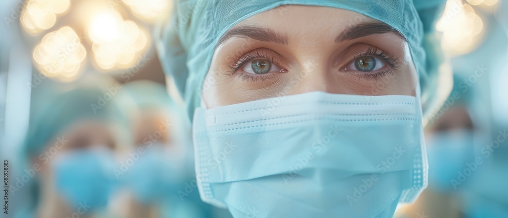 A tight shot of an individual in a surgical mask, gazing at the camera with a startled expression A tight shot of an individual in a surgical mask, gazing at the camera with a startled expression