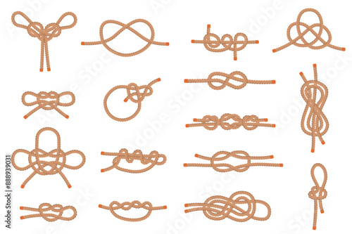 Rope knots. Brown twine loops. Strong reliable connections. Nautical tied cord shapes. Jute lasso bow. Braided cable. Tangled ship threads. Decorative and functional elements vector set