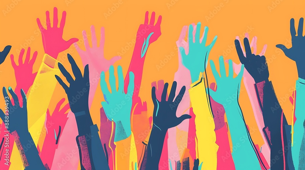 Audience with hands up, minimalist vector art, bright tones Audience with hands up, minimalist vector art, bright tones