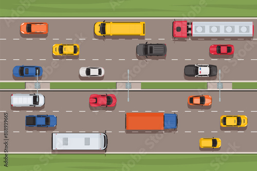 Road interchange traffic top view. City street with cars. Straight three lane highway with broken line markings. Transport speed moving. Urban automobile transportation. Vector concept