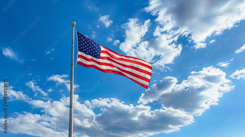 Weathered American Flag Waving Bright Patriotic Sky Weathered American Flag Waving Bright Patriotic Sky