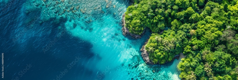 An aerial view of a tropical island with lush green foliage and turquoise water. The island is surrounded by crystal-clear water with a sandy beach
