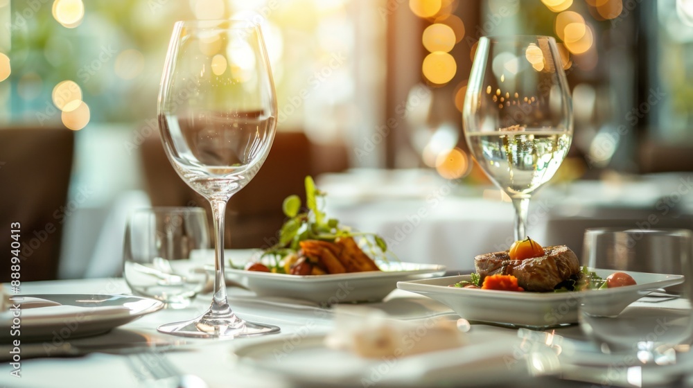 Gourmet cuisine display with an elegant five-course meal set on a pristine white tablecloth, detailed plating and fine dining atmosphere Gourmet cuisine display with an elegant five-course meal set on a pristine white tablecloth, detailed plating and fine dining atmosphere