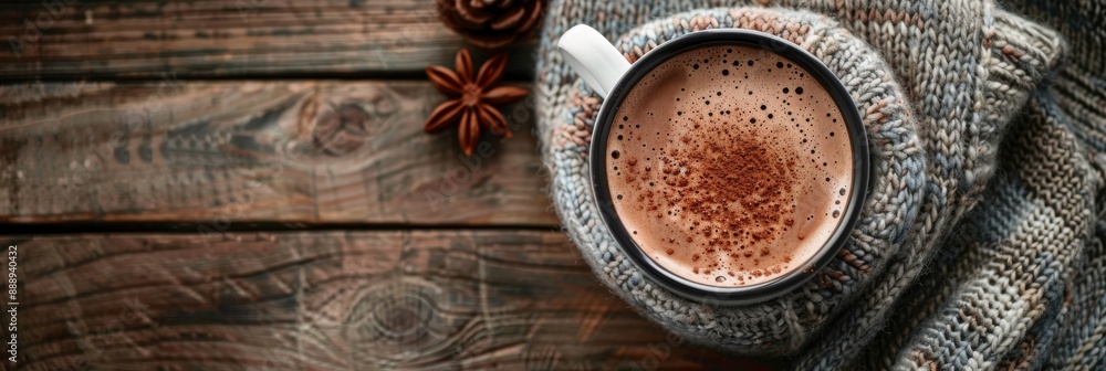 A close-up view of a warm mug of hot chocolate, topped with cocoa powder, sitting on a wooden table surrounded by a cozy knitted blanket A close-up view of a warm mug of hot chocolate, topped with cocoa powder, sitting on a wooden table surrounded by a cozy knitted blanket