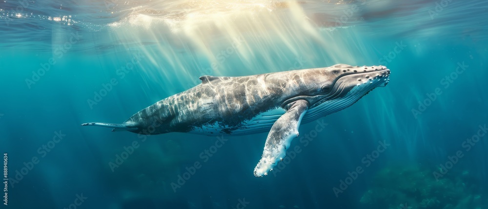 Fototapeta premium A humpback whale swims beneath the water's surface as sunlight streams through it