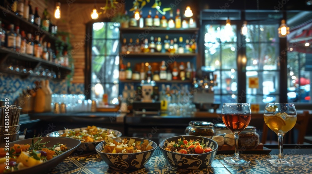 Traditional Spanish tapas bar with a variety of small dishes, lively and communal dining experience, vibrant and inviting Traditional Spanish tapas bar with a variety of small dishes, lively and communal dining experience, vibrant and inviting