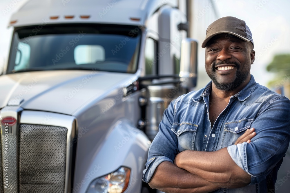 A cheerful African American truck driver stands proudly in front of a line of blue trucks, embodying professionalism and reliability in logistics. A cheerful African American truck driver stands proudly in front of a line of blue trucks, embodying professionalism and reliability in logistics.