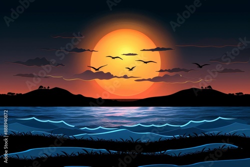 Vibrant sunset over calm ocean waves with silhouetted birds and mountains in the background