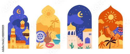 Oriental scenes. Ramadan arch windows. Arabic architectural elements with city landscapes. Sun at sky. Muslim culture and traditions items. Desert camel. Arabian bazaar. Garish vector set