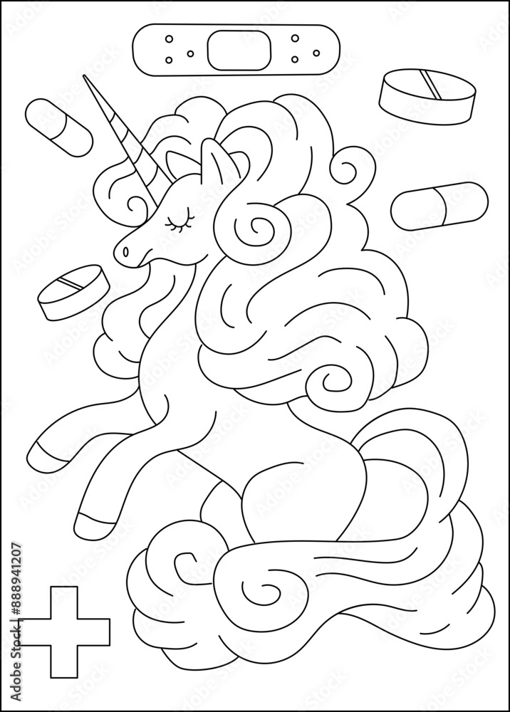 Obraz premium Dermatologist medical unicorn coloring book page