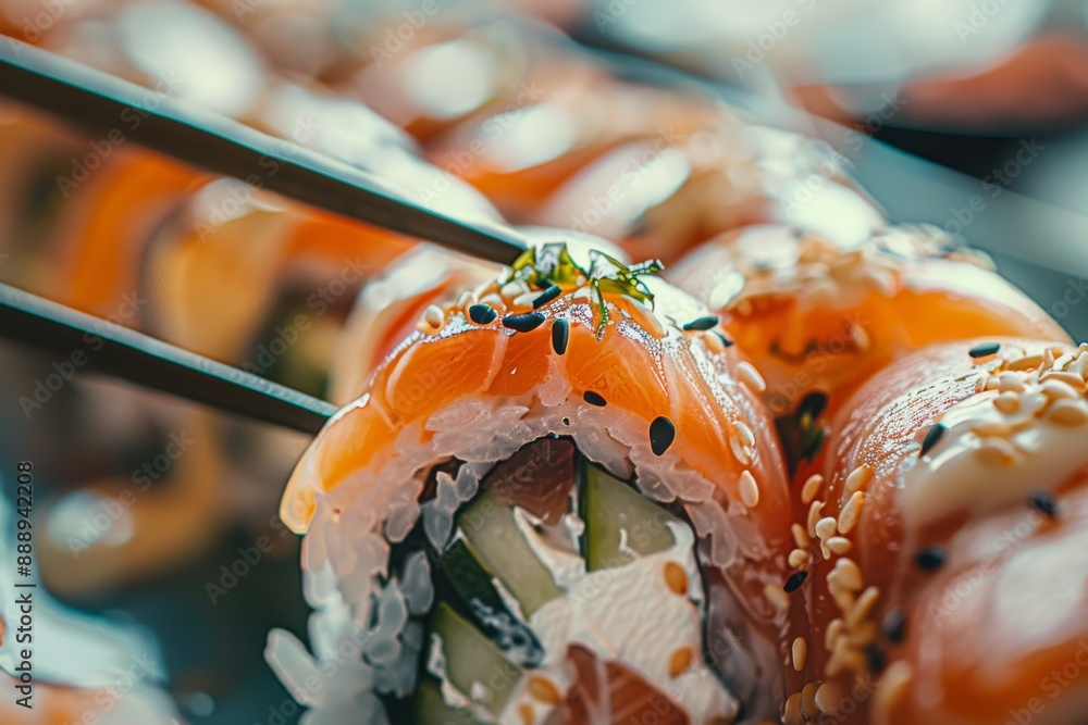 Eating Sushi Rolls with Chopsticks in Hands, Taking Sushi Roll, Eating Susi in Japanese Restaurant Eating Sushi Rolls with Chopsticks in Hands, Taking Sushi Roll, Eating Susi in Japanese Restaurant