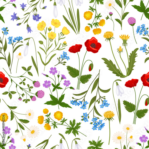 Wallpaper Mural Meadow flowers seamless pattern. Wild summer botanica. Repeated print. Daisies and dandelions. Poppy buds. Cornflower branches. Field blooming herbs. Recent vector floral background Torontodigital.ca