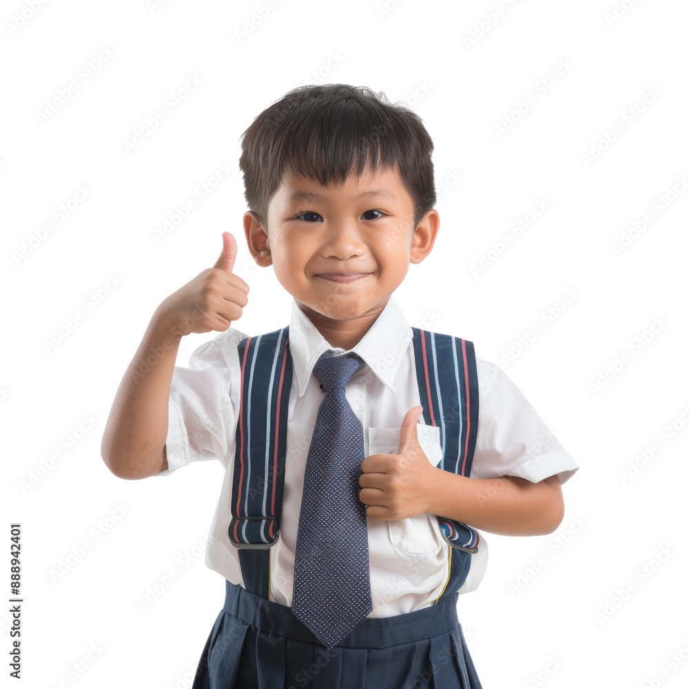 Young asian boy in school uniform gives thumbs up with a happy expression Young asian boy in school uniform gives thumbs up with a happy expression