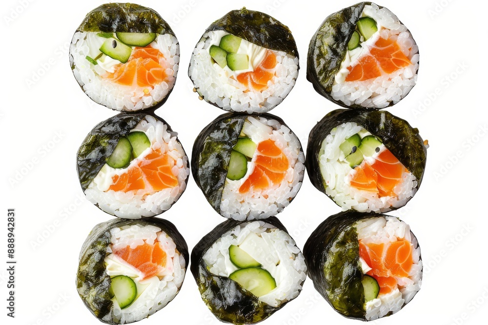 Sushi Rolls Set with Salmon, Shrimps, Cucumber and Philadelphia Cream Cheese Isolated on White