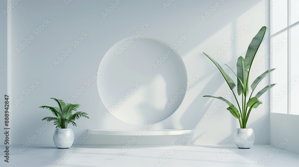 Modern minimalistic white interior with two potted plants and round wall feature Modern minimalistic white interior with two potted plants and round wall feature