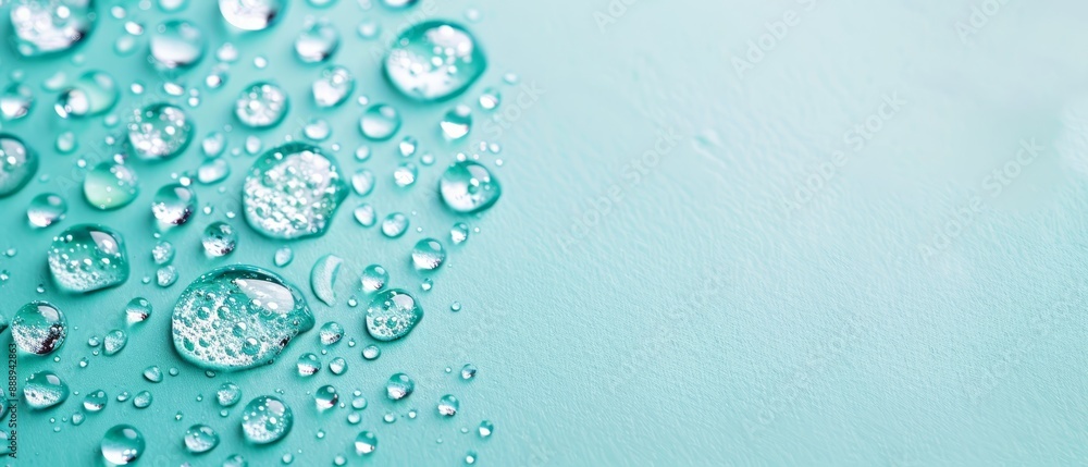 A tight shot of water droplets on a blue surface against a light green background, with a light blue backdrop A tight shot of water droplets on a blue surface against a light green background, with a light blue backdrop