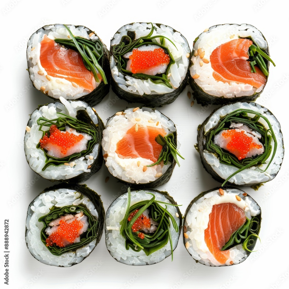 Sushi Rolls Set with Salmon, Shrimps, Cucumber and Philadelphia Cream Cheese Isolated on White Sushi Rolls Set with Salmon, Shrimps, Cucumber and Philadelphia Cream Cheese Isolated on White
