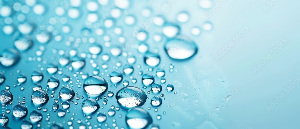A tight shot of water droplets on a blue surface against a light green background, with a blue sky behind A tight shot of water droplets on a blue surface against a light green background, with a blue sky behind