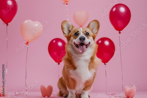 happy corgi with heart balloon