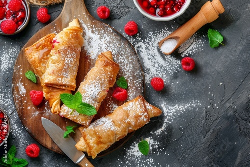 Sweet Fried Berry Crispy Pie, Thinly Rolled Deep Qutab Cheburek with Confiture, Powdered Sugar photo