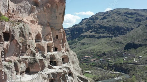 Flight over Vardzia - a cave monastery site in Georgia, UNESCO World Heritage
