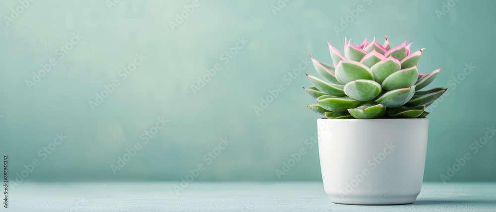 A succulent in a white pot against a light blue surface, backed by a green wall A succulent in a white pot against a light blue surface, backed by a green wall