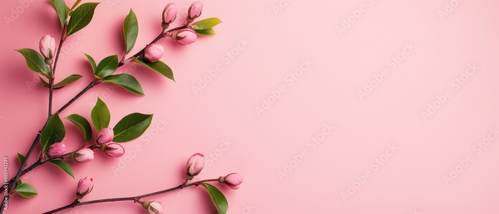 A pink branch of a flowering tree against a pink backdrop, adorned with blossoms A pink branch of a flowering tree against a pink backdrop, adorned with blossoms