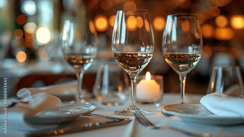 Elegant table setting with wine glasses, candle, and tableware in upscale restaurant, creating romantic ambiance. Concept of fine dining, luxury experience, and culinary sophistication Elegant table setting with wine glasses, candle, and tableware in upscale restaurant, creating romantic ambiance. Concept of fine dining, luxury experience, and culinary sophistication