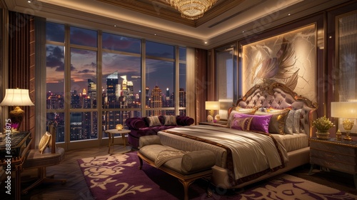 A luxurious master suite with a king-size bed, silk bedding, a sitting area, and large windows offering a city view.
