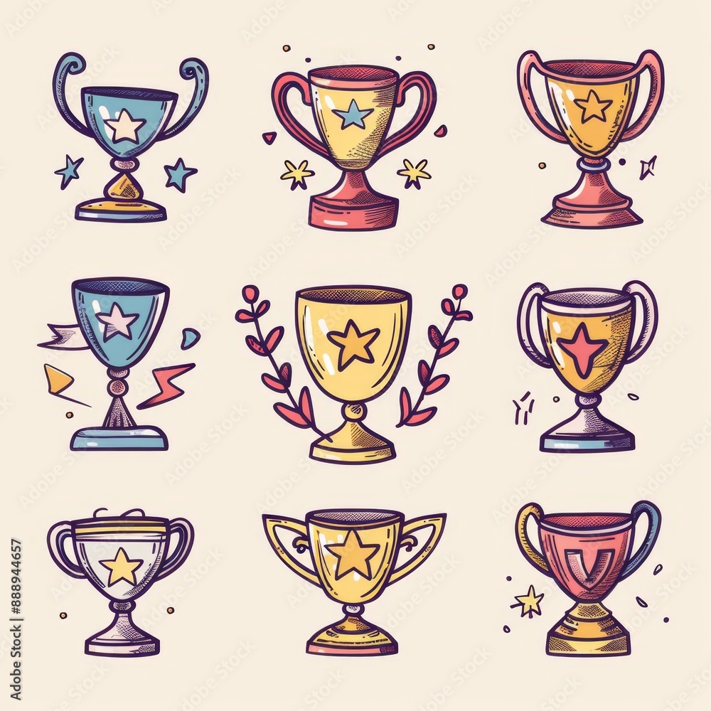 Trophy cups, golden goblet, silver reward, champion bowls. Contest winner award collection, prize cup Trophy cups, golden goblet, silver reward, champion bowls. Contest winner award collection, prize cup