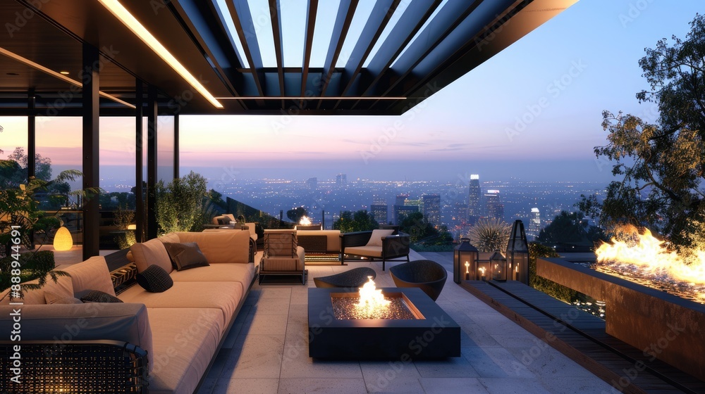 A luxurious outdoor lounge with modern furniture, a fire pit, ambient lighting, and a panoramic city view. A luxurious outdoor lounge with modern furniture, a fire pit, ambient lighting, and a panoramic city view.