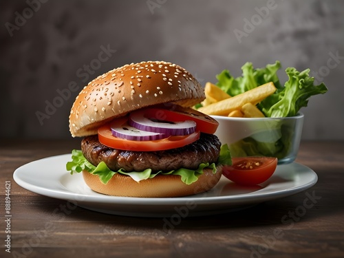 Beef burger with lettuce, fresh and pickled cucumber, tomato, served with fries with white bagrounds photo