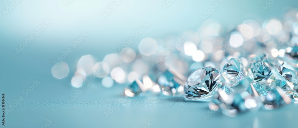 Group of diamonds arranged on a light blue surface, background softly blurred Group of diamonds arranged on a light blue surface, background softly blurred