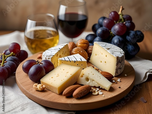 Cheese platter with nuts and grape with white bagrounds photo