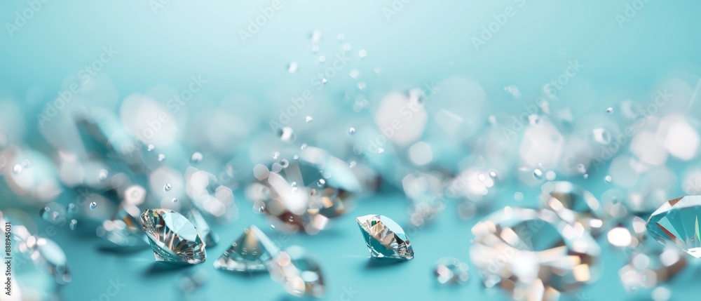  A collection of diamonds hovering in the air, each one topped with a droplet of water Beneath lies a light blue backdrop