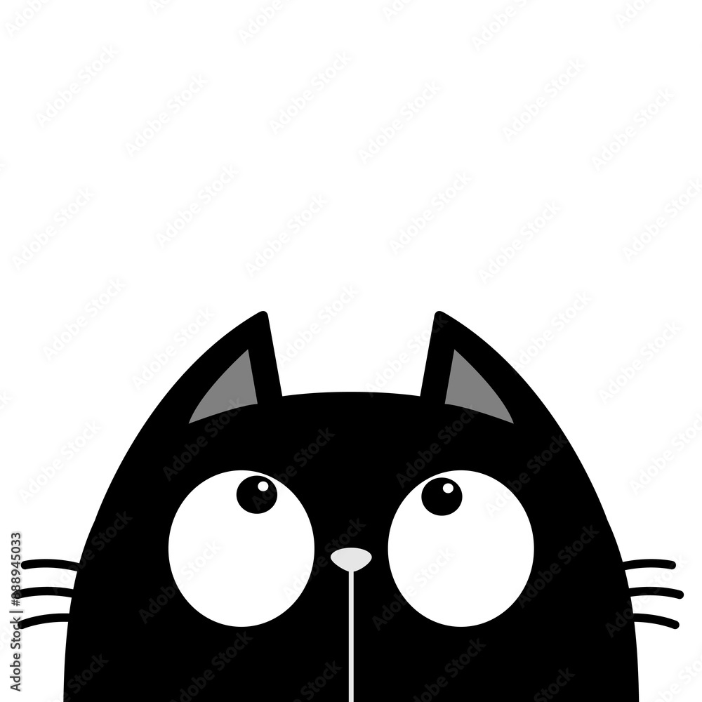 Black peeking cat face head silhouette looking up. Big eyes. Cute cartoon character. Kawaii kitten animal. Baby card. Pet collection. Flat design. Sticker print. White background. Vector illustration Black peeking cat face head silhouette looking up. Big eyes. Cute cartoon character. Kawaii kitten animal. Baby card. Pet collection. Flat design. Sticker print. White background. Vector illustration