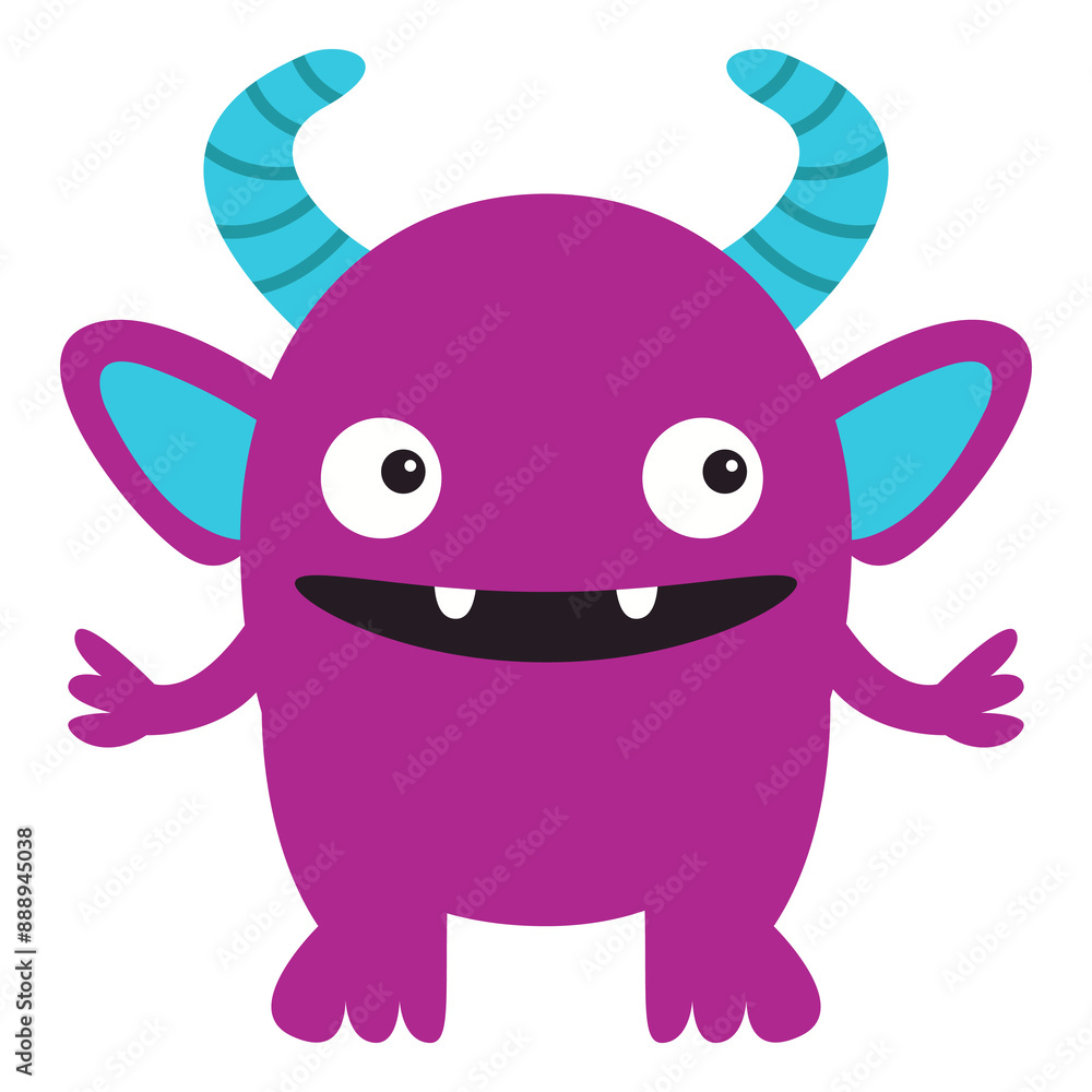 Fototapeta premium Violet monster standing. Happy Halloween. Cute monsters silhouette icon. Eyes, fangs, blue horns ears. Cartoon kawaii funny character. Childish style. Flat design. Isolated. White background. Vector