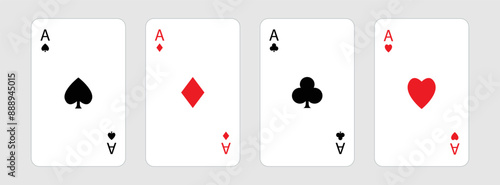 Playing card set. Four aces icon. Poker cards suits. Hearts, clubs, diamonds, spades ace. Winning poker hand. Las Vegas Casino gambling concept. Simple flat design. White background. Isolated. Vector