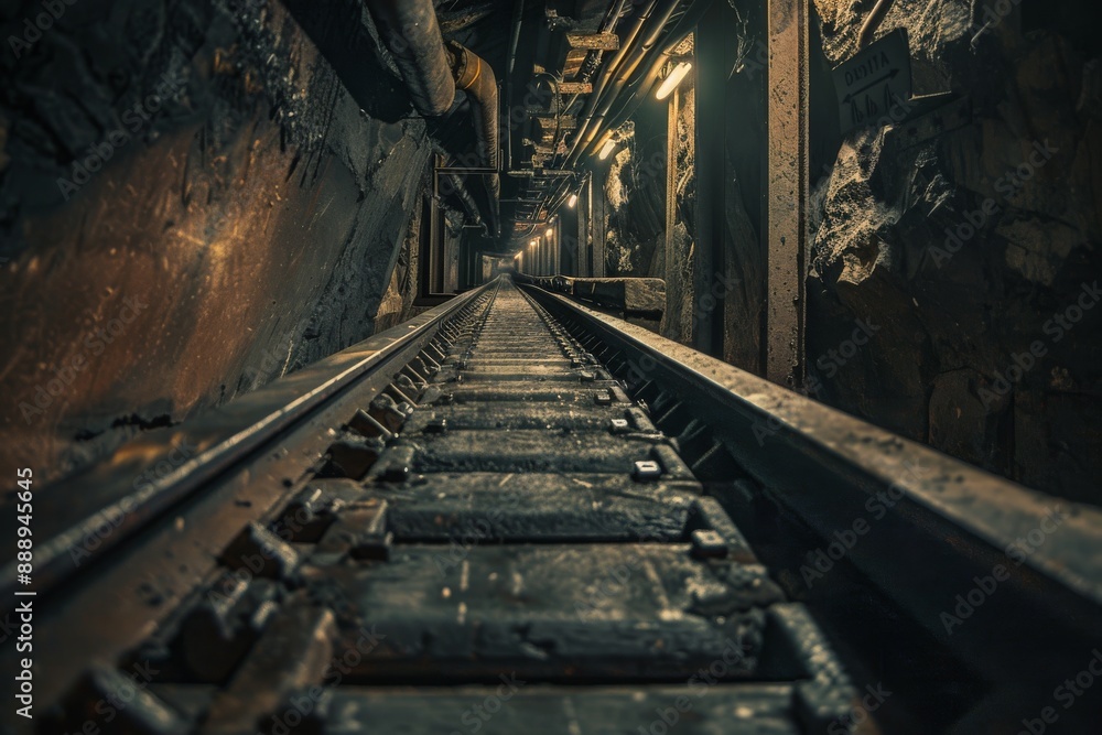 Empty tunnel, post-apocalyptic shelter, rails going into darkness conveyor belt in underground coal mine Empty tunnel, post-apocalyptic shelter, rails going into darkness conveyor belt in underground coal mine