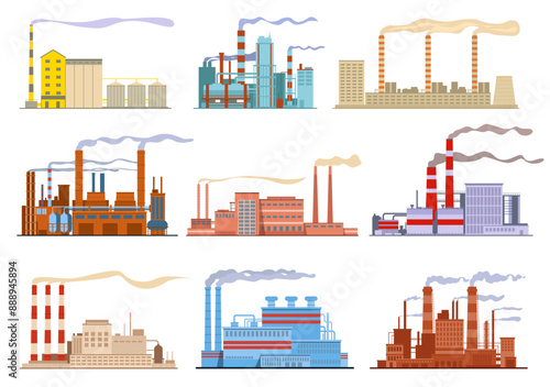 Factory buildings. Industrial plants with smoke from pipes. Manufactures and power stations. Harmful emissions into atmosphere. Electricity generation. Chemical production vector set