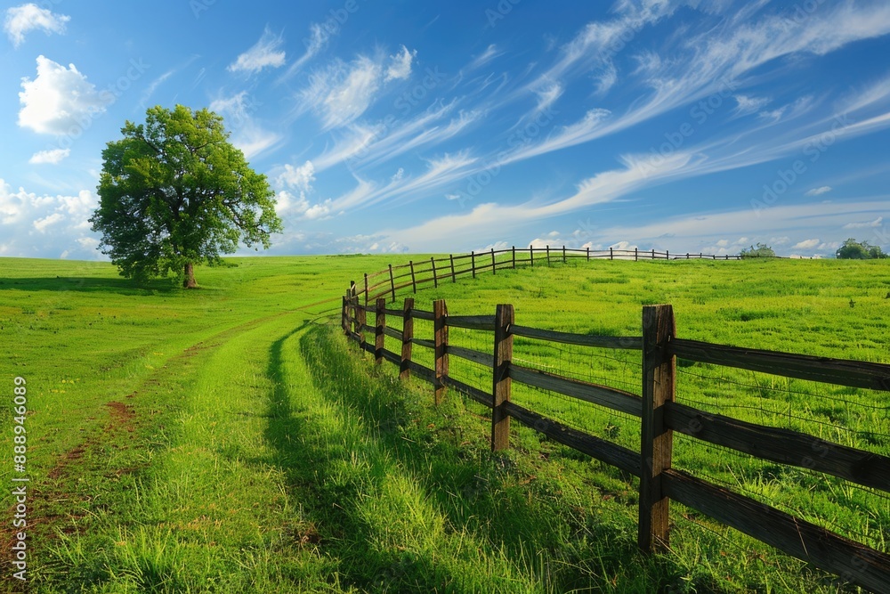 Grass Pasture Landscape: Green Field and Blue Sky in Rural Countryside Grass Pasture Landscape: Green Field and Blue Sky in Rural Countryside