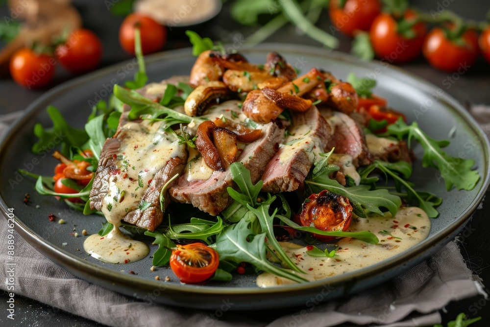Veal and porcini salad. Warm salat with mushrooms in cream sauce, roasted meat beef fillet, cherry Veal and porcini salad. Warm salat with mushrooms in cream sauce, roasted meat beef fillet, cherry