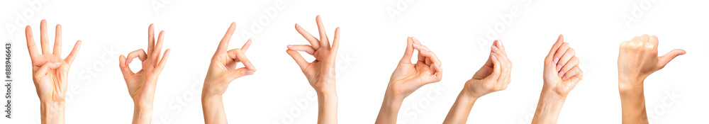 Set of woman hands showing different gestures, pointing and showing signs Set of woman hands showing different gestures, pointing and showing signs