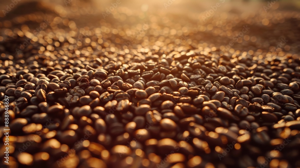 Obraz premium Dried coffee beans in shades of brown, spread out and glowing under the gentle evening light.