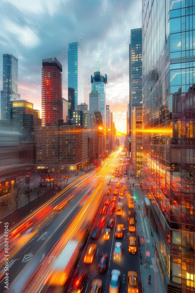 Fototapeta premium A cityscape with tall buildings and a street view. The buildings are lit up at night, creating a warm and inviting atmosphere. The street is busy with cars and people